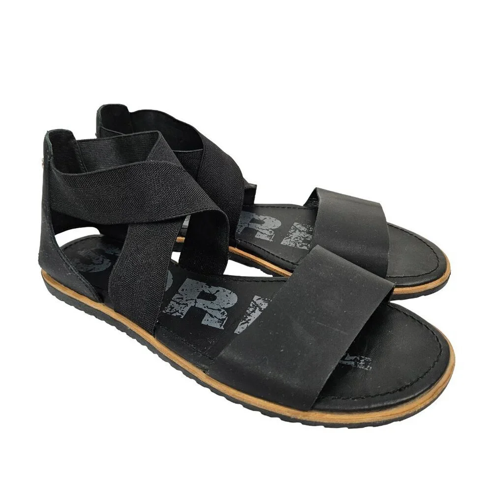 Sorel Ella Black Stretch Cross Ankle Strap Sandal 10.5 NL2893-010